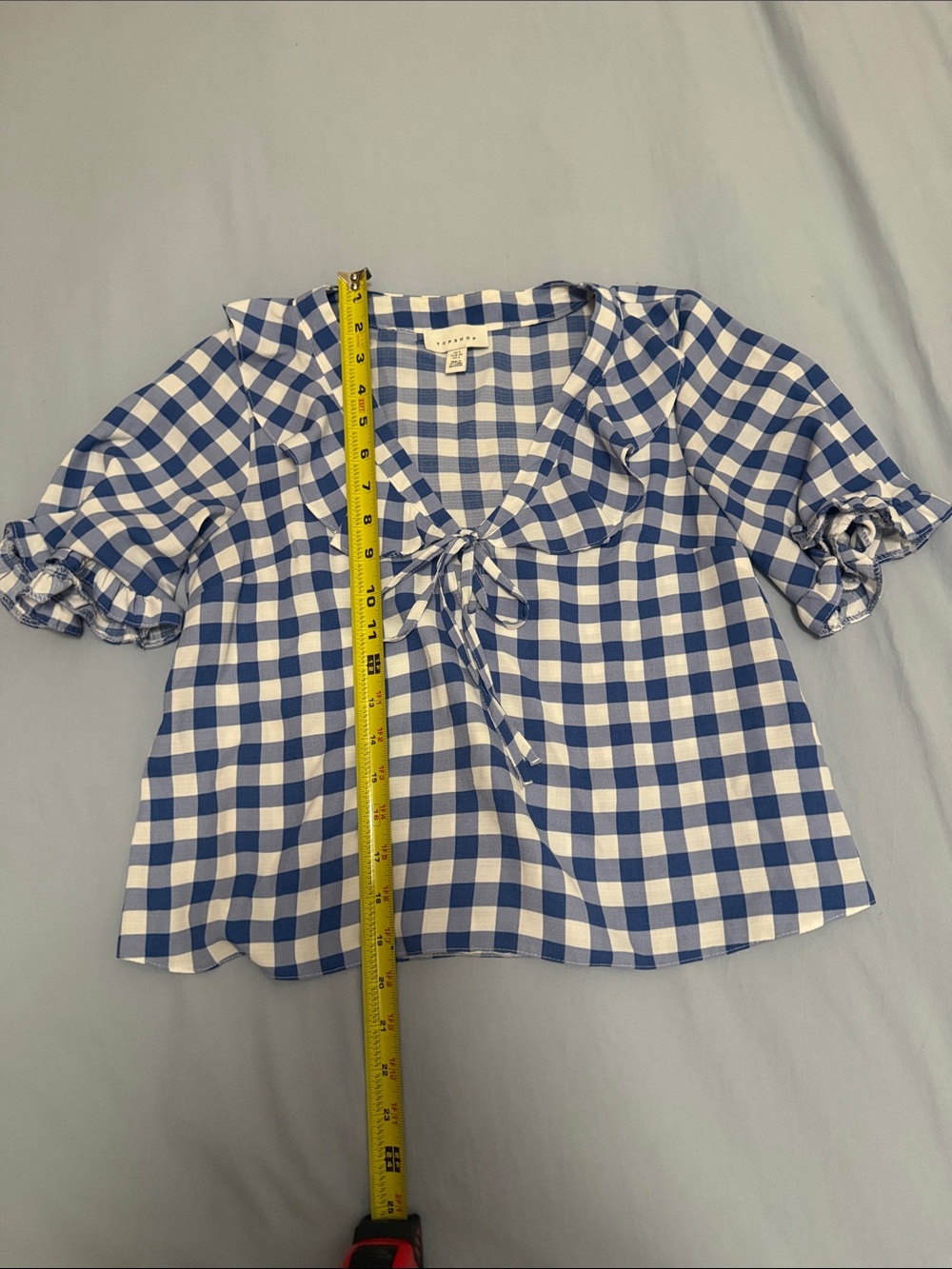 Topshop Blue and White Gingham Tie-Front Blouse
